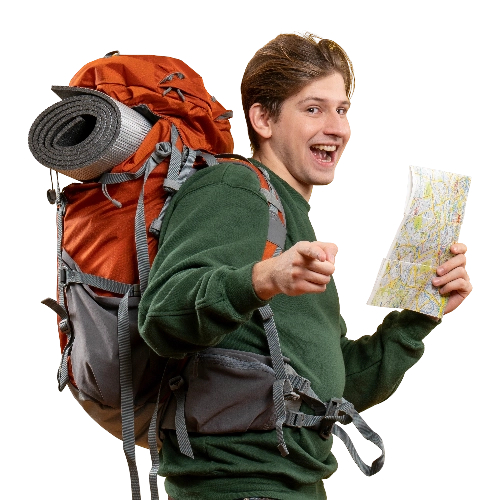 macho joven de vista frontal con mochila sosteniendo mapa 2